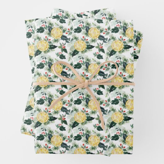 Waterverf Citroen en Holly Pattern Kerst Inpakpapier Vel (In situ)