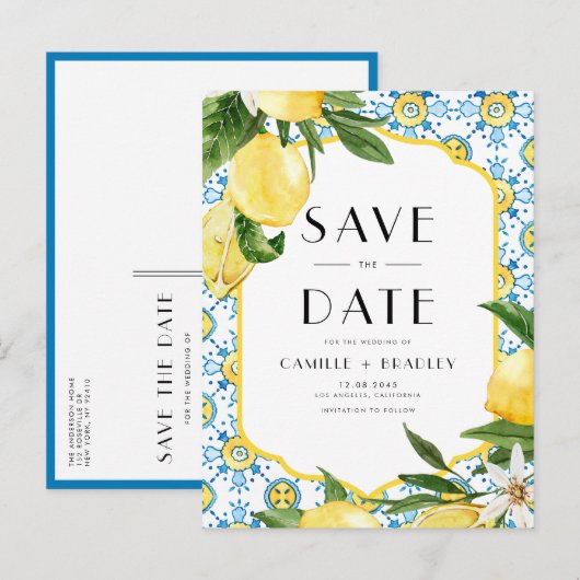 Waterverf citroen en Marokkaanse Tegel Bewaar de d Aankondigingskaart (Voorkant / Achterkant)