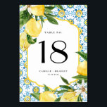 Waterverf citroen en Marokkaanse Tegel bruiloft Kaart<br><div class="desc">Voeg een vleugje levendige charme toe aan uw huwelijksreceptie met deze aanpasbare tafelnummerkaart, met een waterverf citroenontwerp in combinatie met een prachtig wit, blauw en geel Marokkaans tegel-patroon. De frisse citroenen en de gedurfde, kleurrijke tegels creëer geven een uniek en levendig accent aan uw tafeldecor, ideaal om de toon van...</div>
