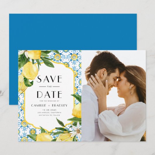 Waterverf citroen en Marokkaanse Tegel Patroon Fot Save The Date (Voorkant / Achterkant)