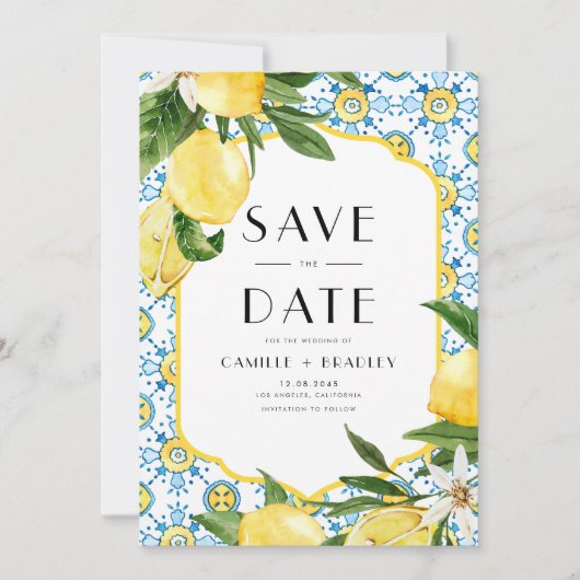 Waterverf citroen en Marokkaanse Tegel Save The Date (Voorkant)