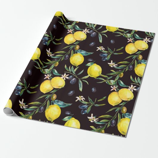 Waterverf citroen en olijfgaarden naadloos cadeaupapier (Uitgerold)