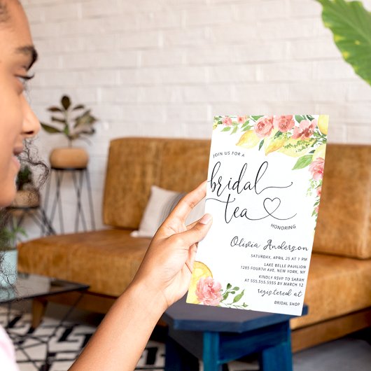 Waterverf Citroen en Rozen Bruids Tea Party Kaart