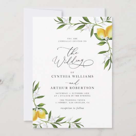 waterverf citroen groen bruiloft uitnodiging (Voorkant)