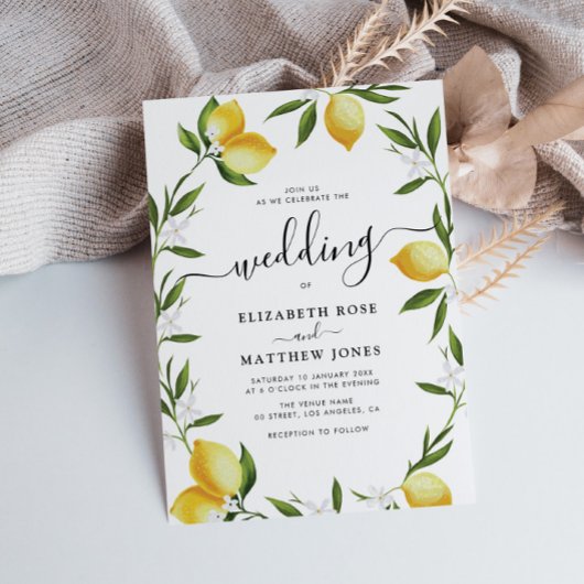 waterverf citroen groen gebladerte bruiloft kaart