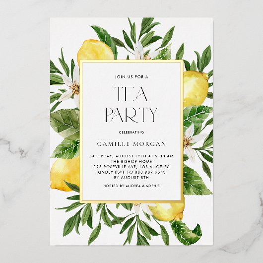 Waterverf Citroen Lijst Botanische Bridal Tea Part Folie Uitnodiging (Voorkant)