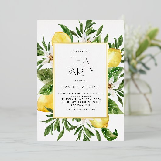 Waterverf Citroen Lijst Botanische Bridal Tea Part Folie Uitnodiging (Staand Voorkant)