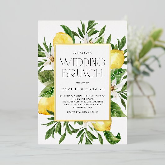 Waterverf Citroen Lijst Botanische Bruiloft Brunch Folie Uitnodiging (Staand Voorkant)