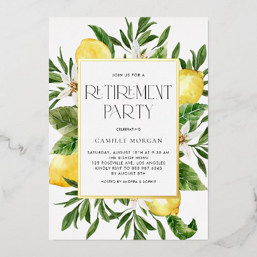 Waterverf Citroen Lijst Botanische Pensioen Partij Folie Uitnodiging (Voorkant)