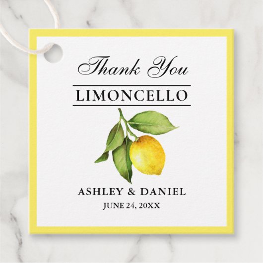 Waterverf Citroen Limoncello Vierkante Bruiloft Bedankjes Labels (Voorkant)