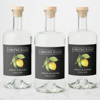 Waterverf Citroen Limoncello Zwart Flesetiket Likeurfles Etiket