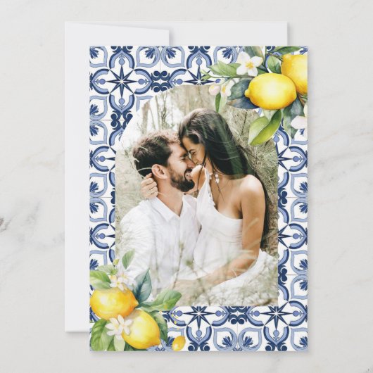 Waterverf Citroen Mediterraan Foto Bruiloft Kaart (Achterkant)