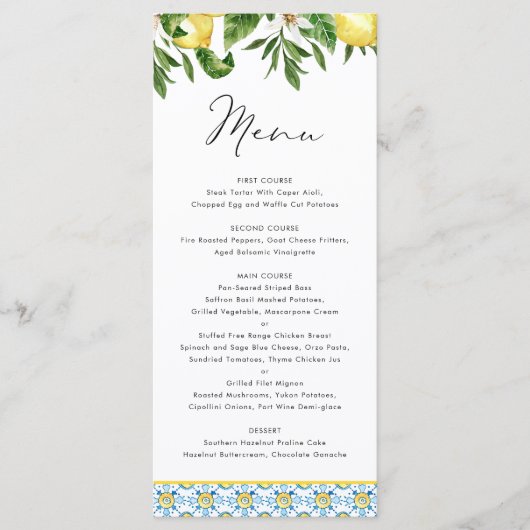 Waterverf Citroen Mediterraan Patroon Bruiloft Menu (Voorkant)