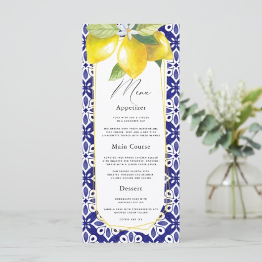 Waterverf Citroen mediterrane blauwe Tegel Menu (Staand voorkant)