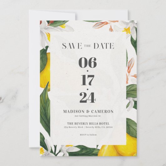 Waterverf citroen, witte bloemenbruiloft uitnodigi kaart (Voorkant)