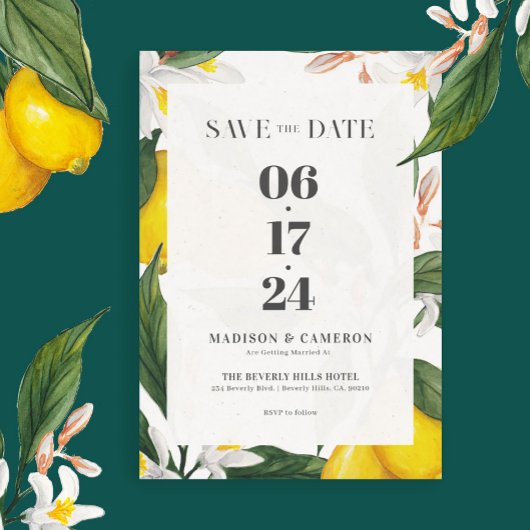 Waterverf citroen, witte bloemenbruiloft uitnodigi kaart