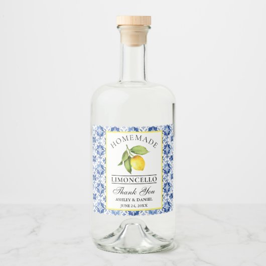 Waterverf Citroenblauwe Tegel Limoncello Likeurfles Etiket (Voorkant)