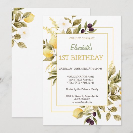 Waterverf Citroenbloemen Olijfverjaardag Kaart (Voorkant / Achterkant)