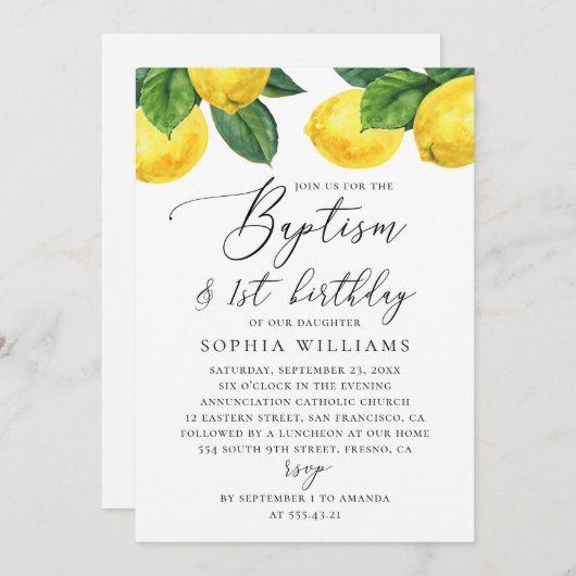 Waterverf citroencitrus. Baptisme 1e verjaardag Kaart (Voorkant / Achterkant)