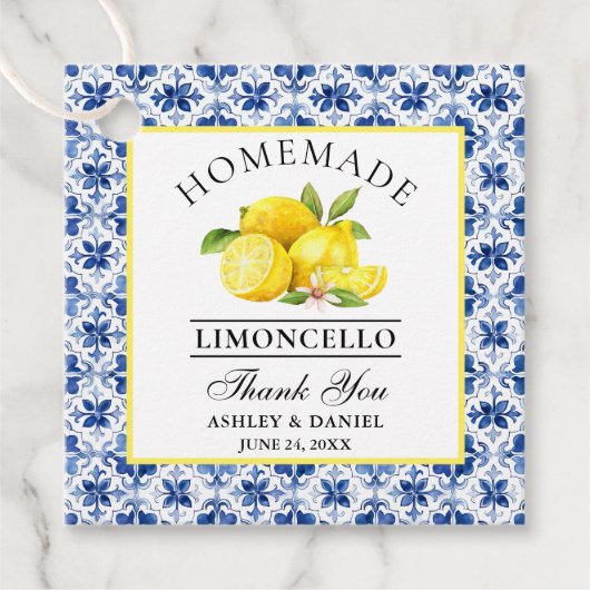 Waterverf Citroenen Blauwe Tegel Limoncello Bedank Bedankjes Labels (Voorkant)