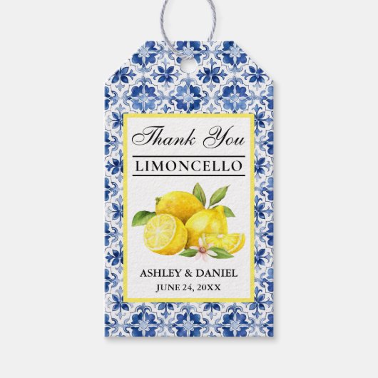 Waterverf Citroenen Blauwe Tegel Limoncello Bedank Cadeaulabel (Voorkant)