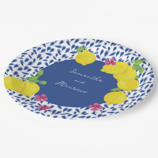 WATERVERF CITROENEN BLAUWE TEGELS PAPIEREN BORDJE (Gekanteld)