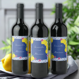 WATERVERF CITROENEN BLAUWE TEGELS WIJN ETIKET