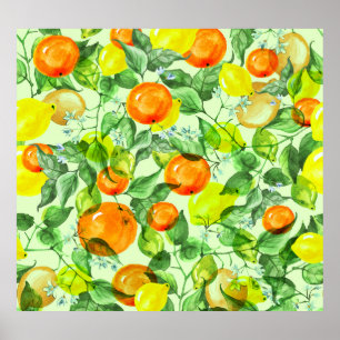 Waterverf citroenen, bloemen, citrusmotief. poster