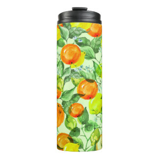Waterverf citroenen, bloemen, citrusmotief. thermosbeker