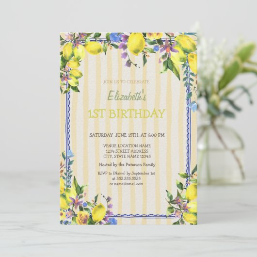 Waterverf Citroenen Bloemen Gele Strepen Verjaarda Kaart (Staand voorkant)