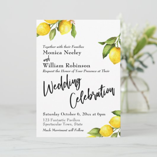 Waterverf citroenen bruiloft viering typografie kaart (Staand voorkant)