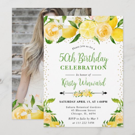Waterverf Citroenen en Bloemen 50ste verjaardag Kaart (Voorkant / Achterkant)