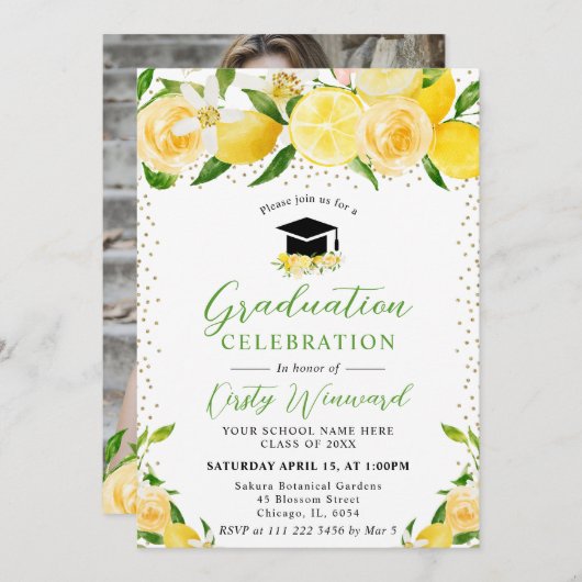 Waterverf Citroenen en Bloemen Afstuderen Kaart (Voorkant / Achterkant)