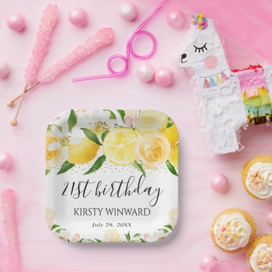Waterverf Citroenen en Bloemen Verjaardag Papieren Bordje (Feest)