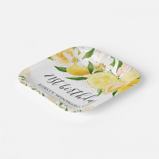 Waterverf Citroenen en Bloemen Verjaardag Papieren Bordje (Gebogen)