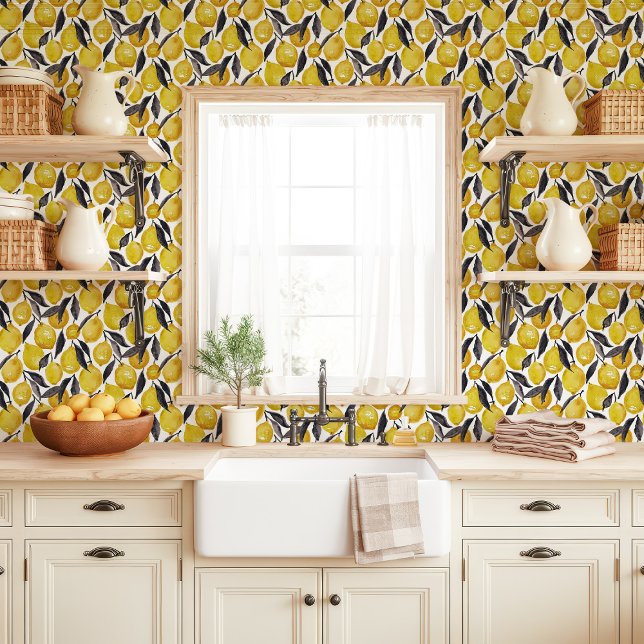 Waterverf citroenen en grijze bladeren behang (Creator heeft geüpload)