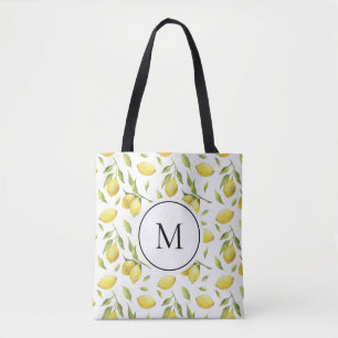 Waterverf Citroenen en groen Patroon Monogram Tote Bag