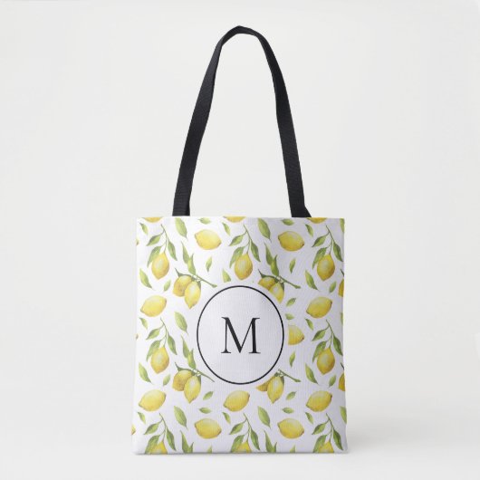 Waterverf Citroenen en groen Patroon Monogram Tote Bag (Voorkant)