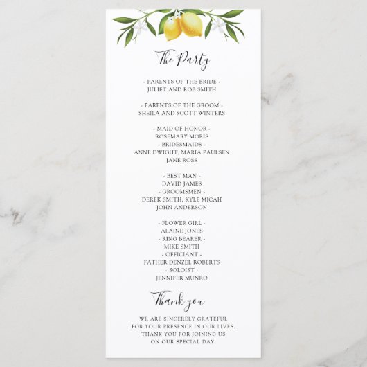 Waterverf citroenen gebladerte bruiloft programma programmakaart (Achterkant)