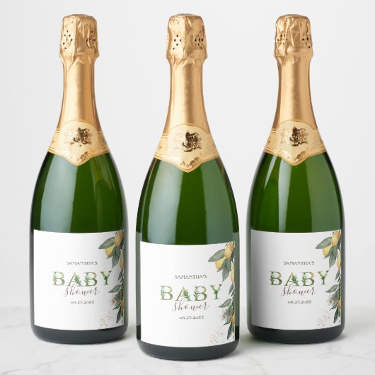 Waterverf Citroenen Groen Baby shower Sparkling Wijnetiket (Flessen)