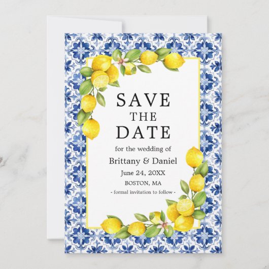 Waterverf citroenen groen blauwe Tegel Save The Date (Voorkant)