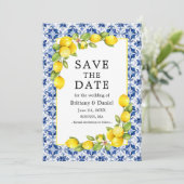 Waterverf citroenen groen blauwe Tegel Save The Date (Staand voorkant)