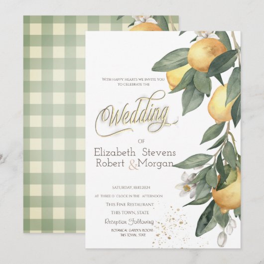 Waterverf Citroenen Groen Plaid Bruiloft Kaart (Voorkant / Achterkant)