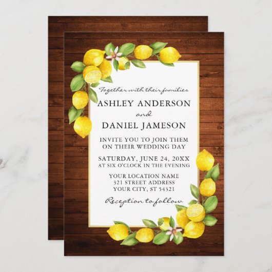 Waterverf Citroenen Groene Planten Houten Bruiloft Kaart (Voorkant / Achterkant)
