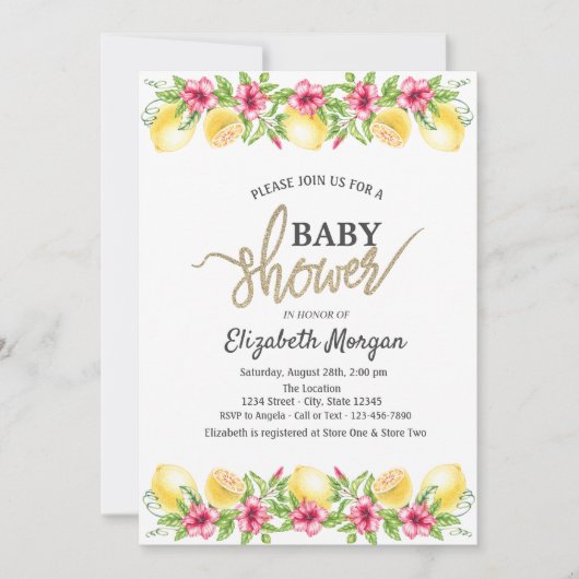 Waterverf Citroenen Hibiscus Botanisch Baby shower Kaart (Voorkant)