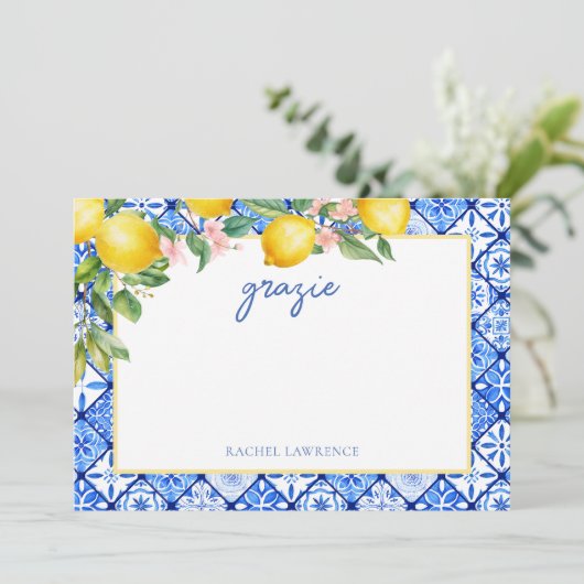 Waterverf Citroenen Italiaans Blauwe Tegels Vrijge Bedankkaart (Staand voorkant)