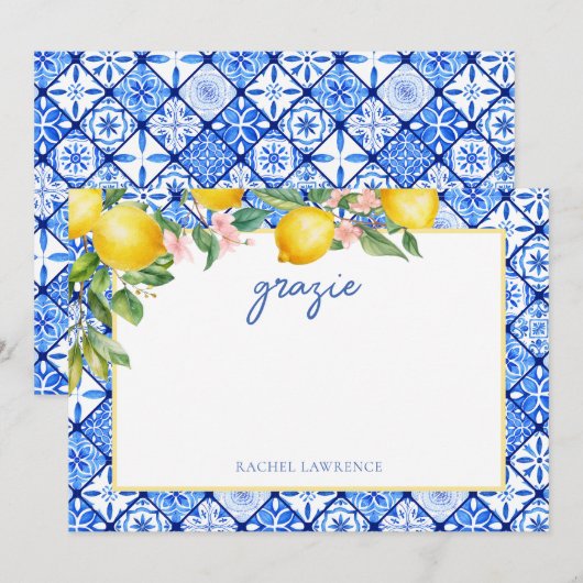 Waterverf Citroenen Italiaans Blauwe Tegels Vrijge Bedankkaart (Voorkant / Achterkant)