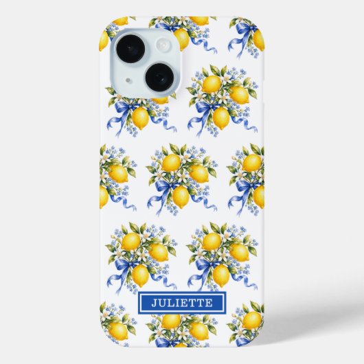 Waterverf Citroenen Met Blauwe Bloemen Monogram Case-Mate iPhone Case (Achterkant)