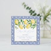 Waterverf citroenen met Spaans Tegels poederblauw Save The Date (Staand voorkant)