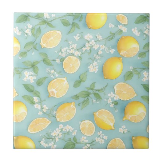Waterverf Citroenen - Mint Lemon Pattern Tegeltje (Voorkant)